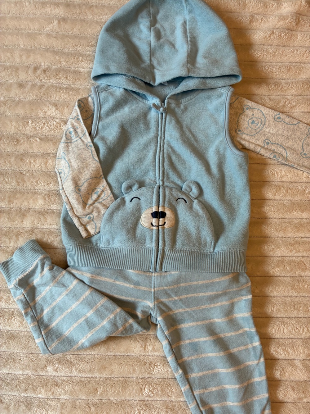 Carter’s 24M 3 Piece Outfit Teddy Bear Pocket Fleece Vest Gray Blue Fall Set